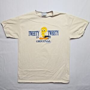Vintage Tweety Bird Graphic Shirt Cream Oversized Medium Cartoon Tee 90s VTG